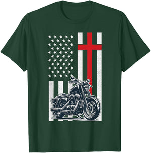 Christian Biker Motorcycle American Flag Cross T-Shirt - T-Shirt | Forest