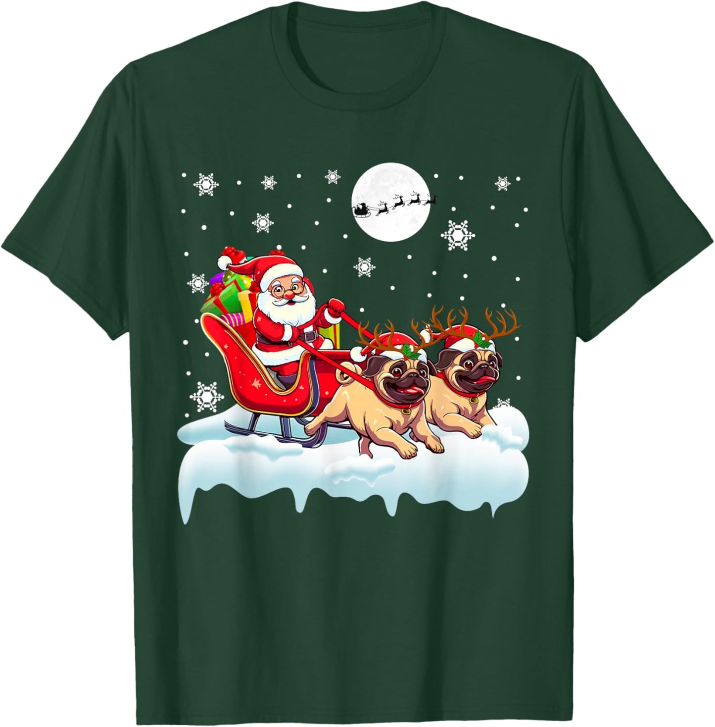 Santa Sleigh Reindeer Pugs Christmas Matching Owner T-Shirt - T-Shirt | Forest
