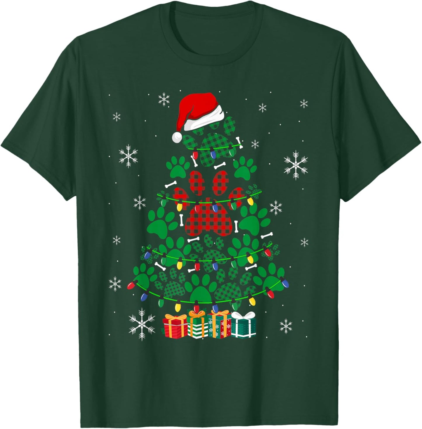 Paws Print Christmas Tree Dog or Cat with Santa Lights T-Shirt - T-Shirt | Forest