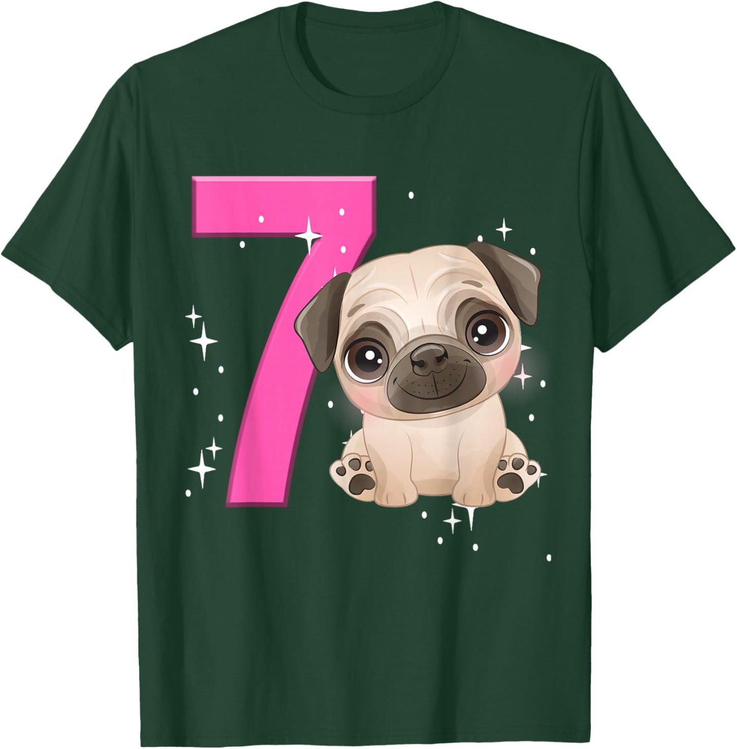 7th Birthday Girl Pug Dog Birthday Shirt Party Pug Kid Seven T-Shirt - T-Shirt | Forest
