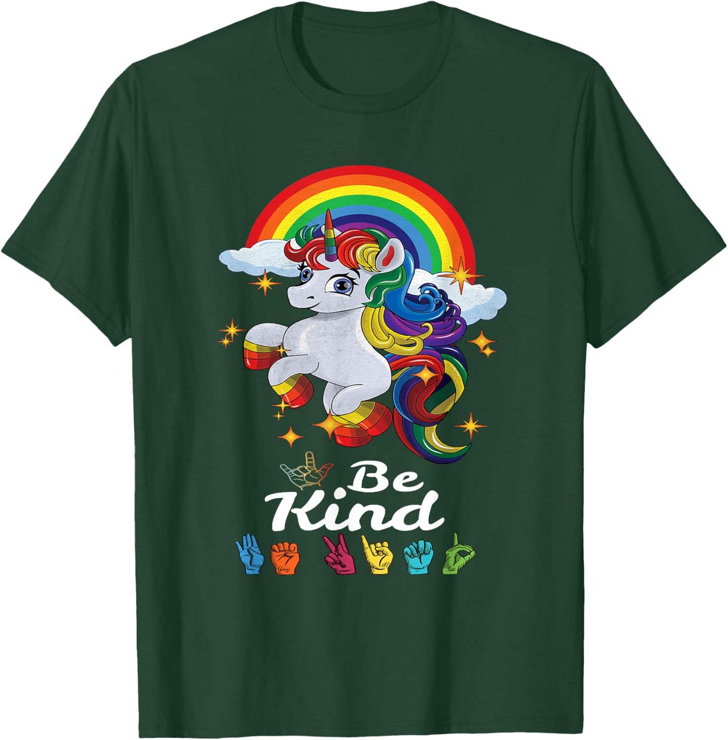 Be Kind Love ASL Teacher American Sign Language Girl Unicorn T-Shirt - T-Shirt | Forest