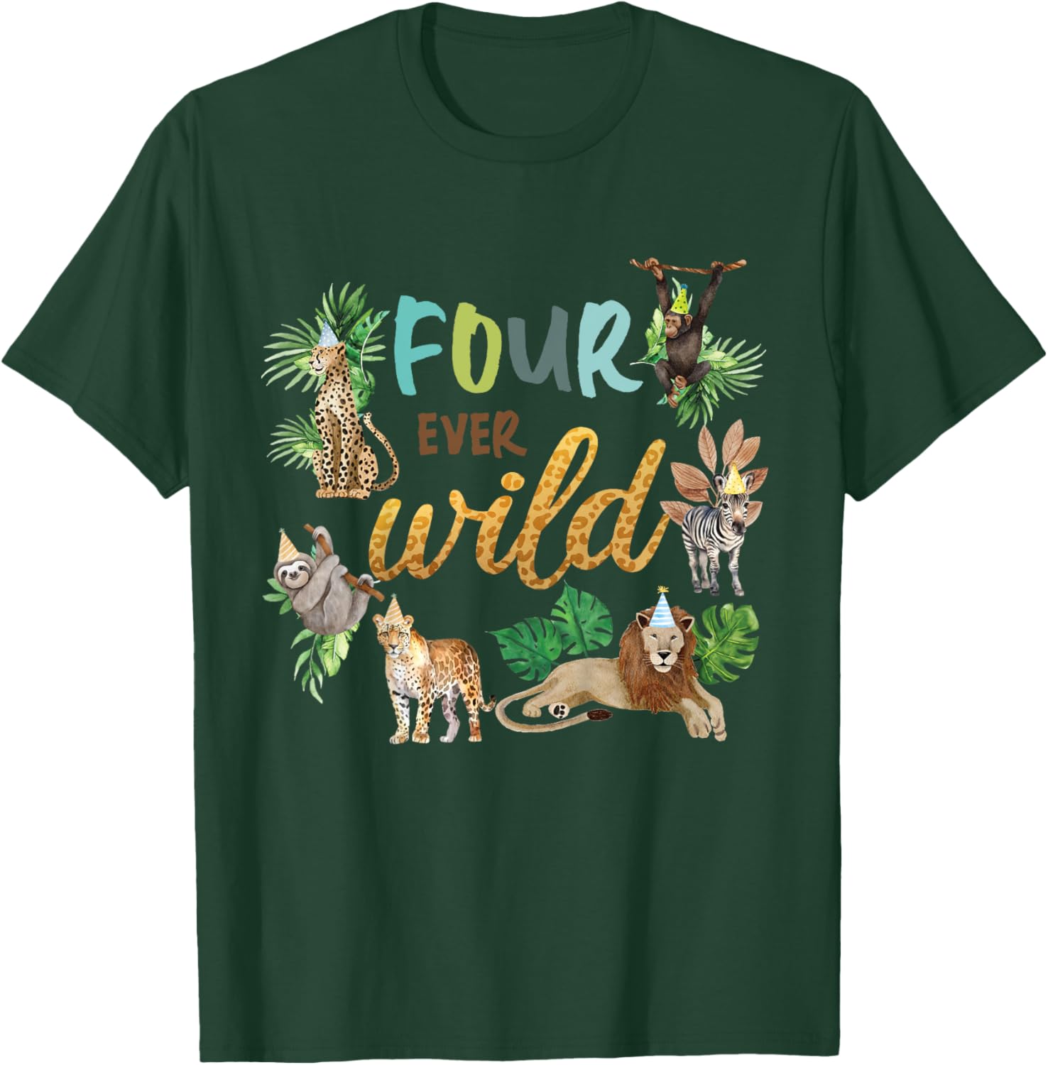 Kids Four Ever Wild 4th Birthday Boy Zoo Safari Jungle Theme Son T-Shirt - T-Shirt | Forest