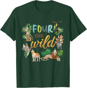 Kids Four Ever Wild 4th Birthday Boy Zoo Safari Jungle Theme Son T-Shirt - T-Shirt | Forest