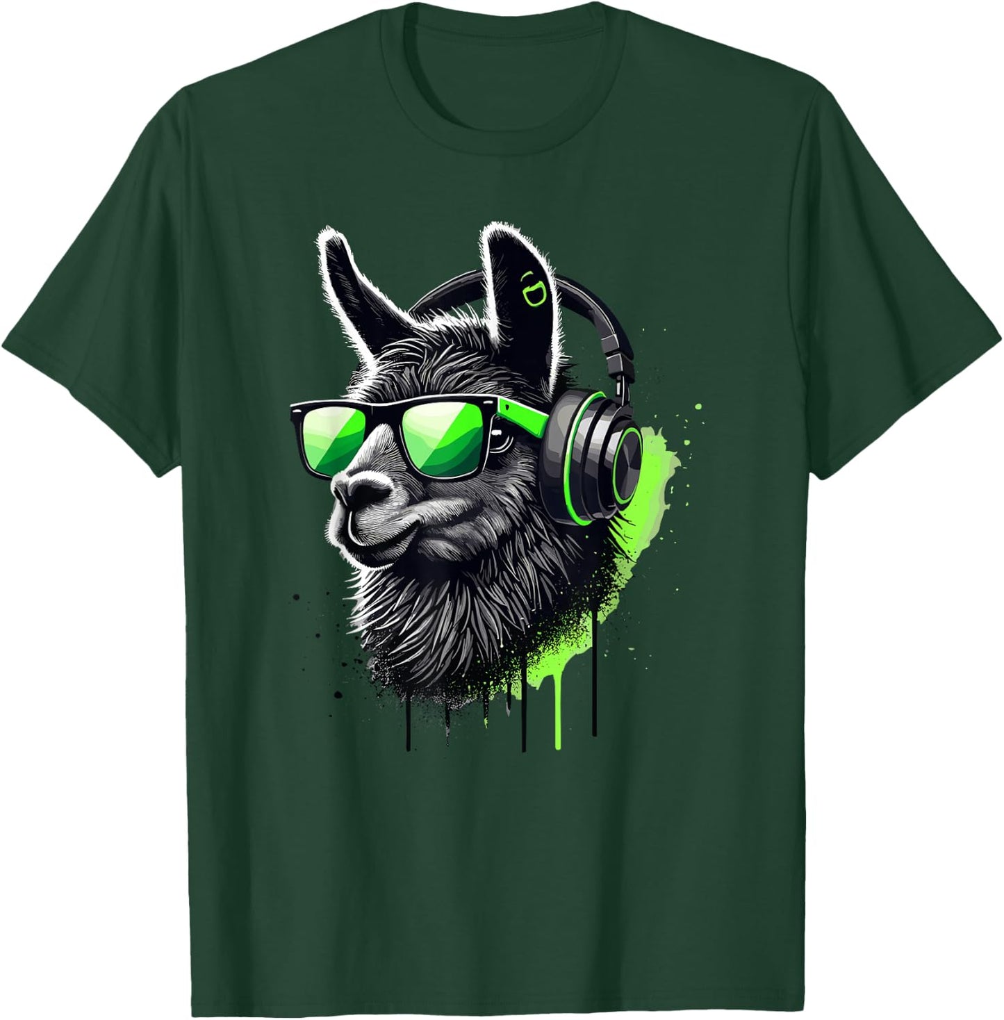 Lama Sunglasses Headphones Alpaca Lamas T-Shirt - T-Shirt | Forest