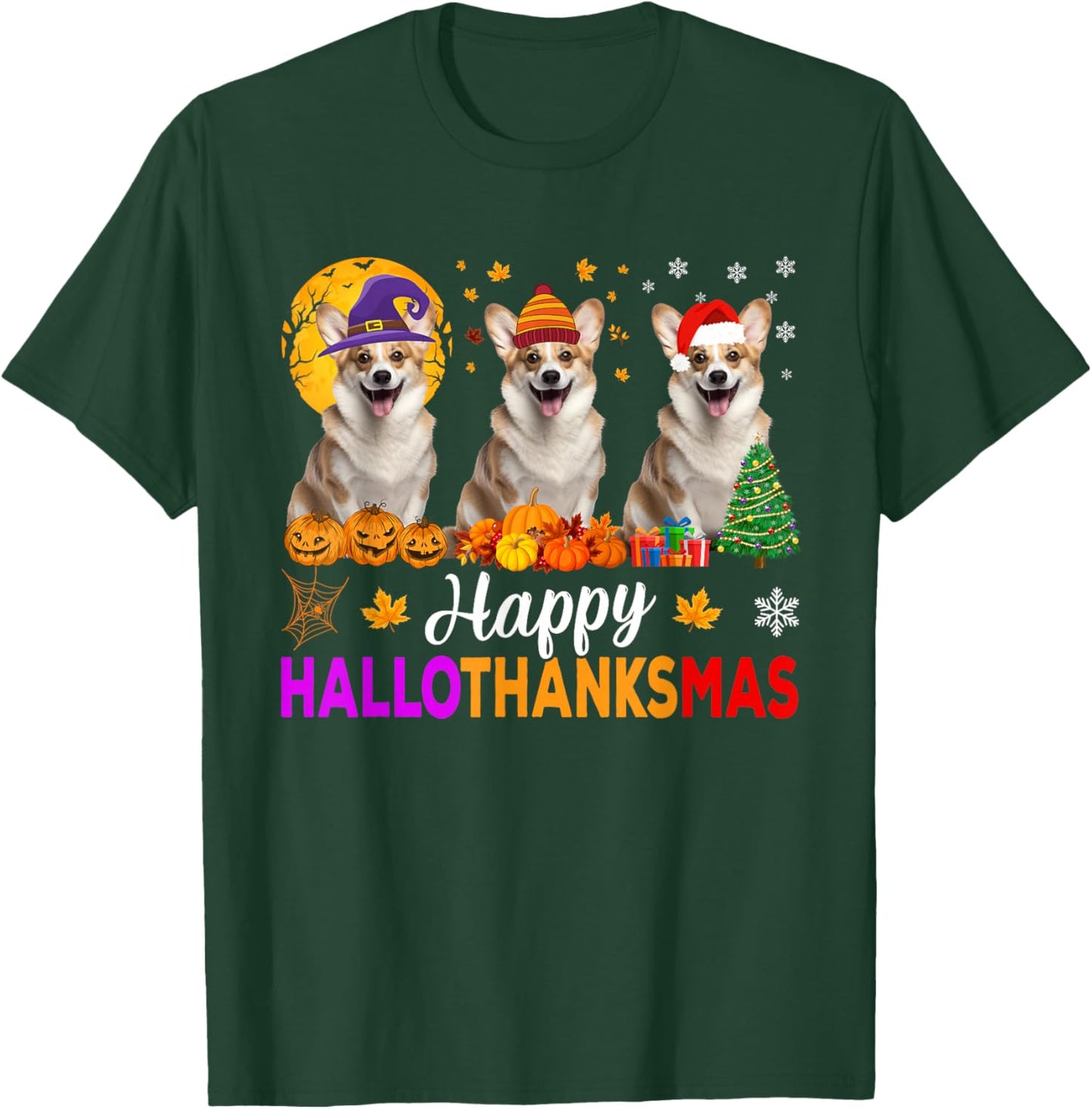 Corgi Dog Halloween Christmas Hallothanksmas T-Shirt - T-Shirt | Forest