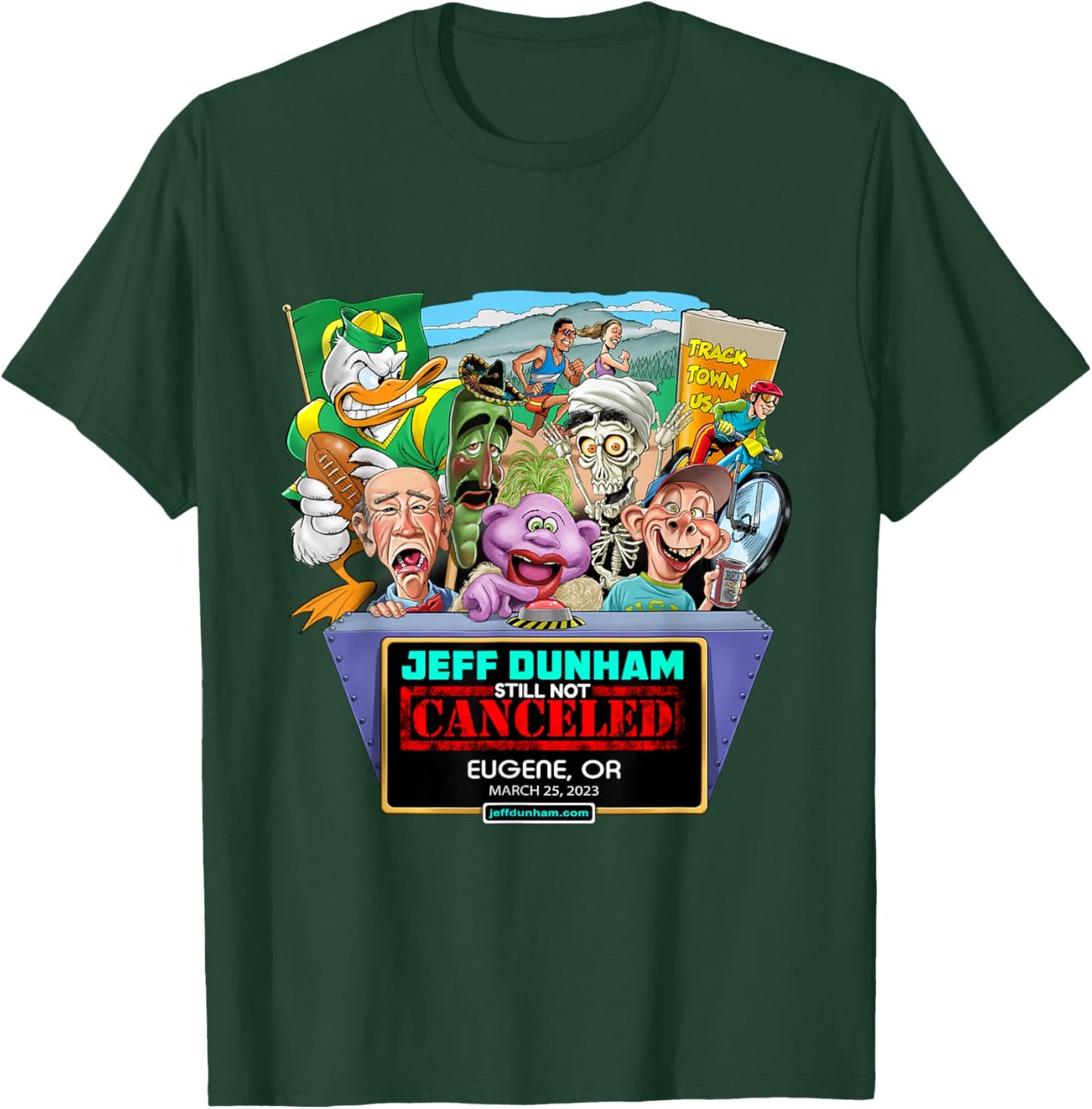 Jeff Dunham 2023 Eugene, OR Black Cotton - Classic Fit, Short Sleeve, Letter Print T-Shirt - T-Shirt | Forest