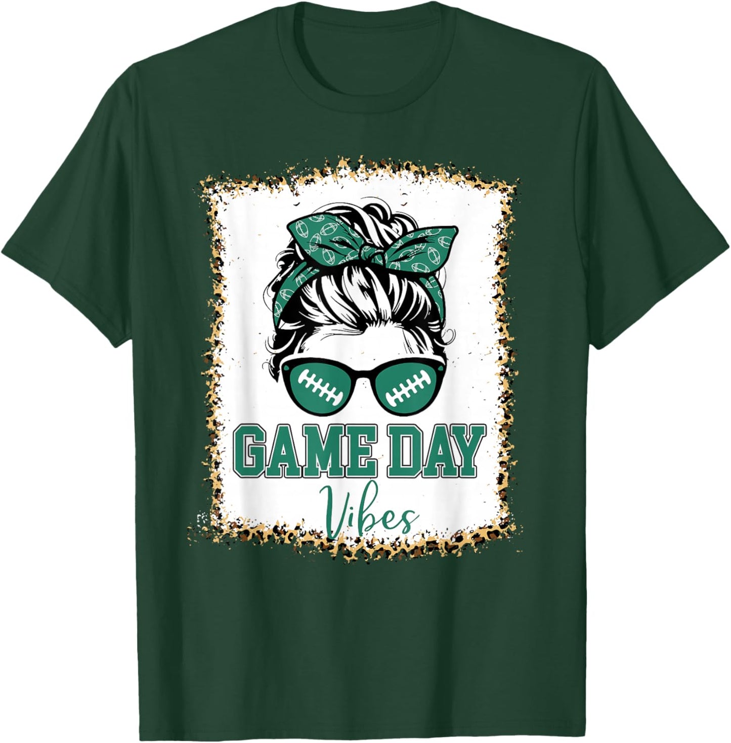Green and White Game Day Vibes Football Women Leopard Print T-Shirt - T-Shirt | Forest