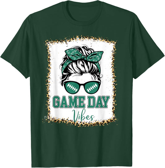 Green and White Game Day Vibes Football Women Leopard Print T-Shirt - T-Shirt | Forest