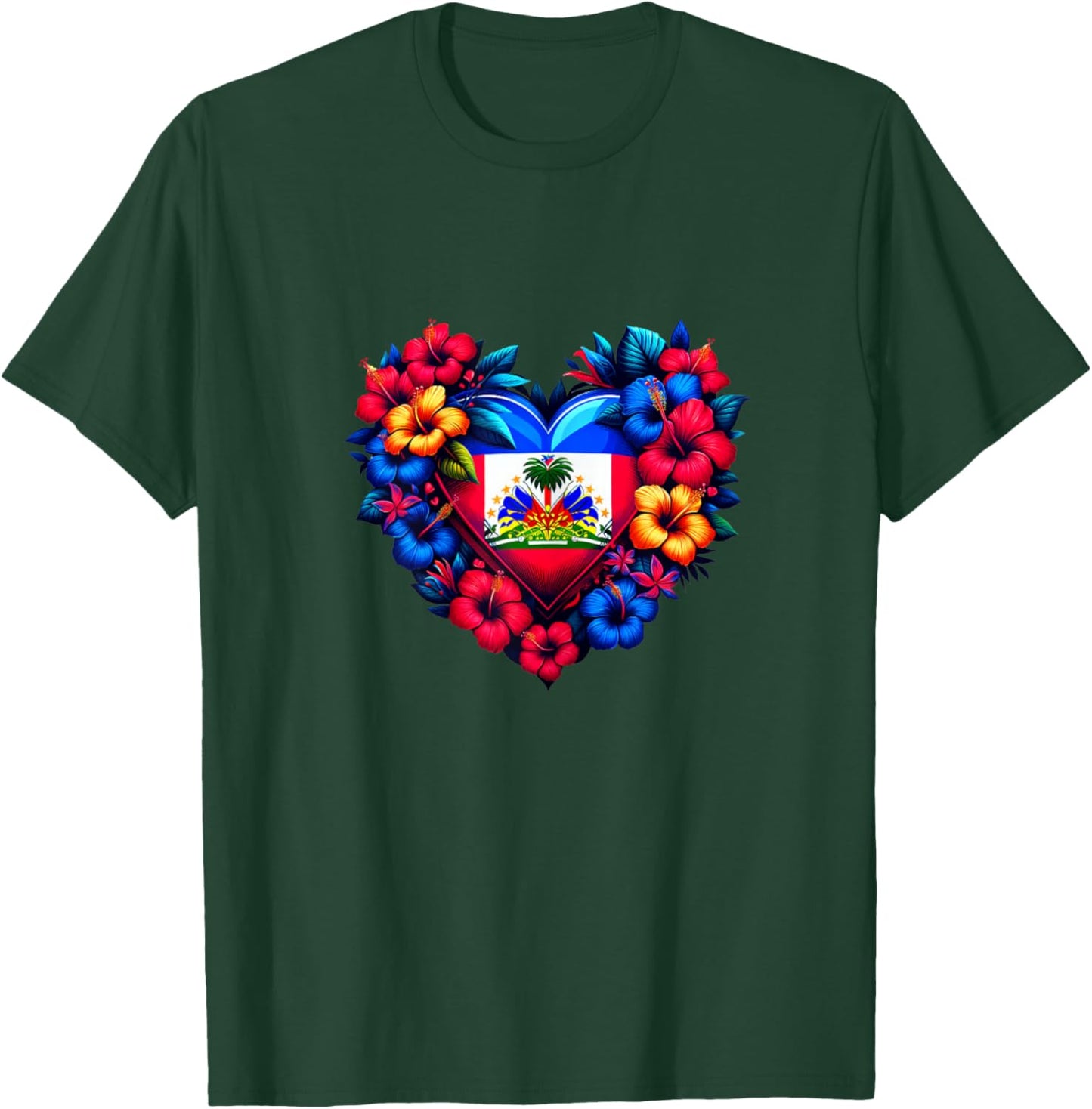 Haiti Haitian Heritage Month Flag Flower Heart T-Shirt - T-Shirt | Forest