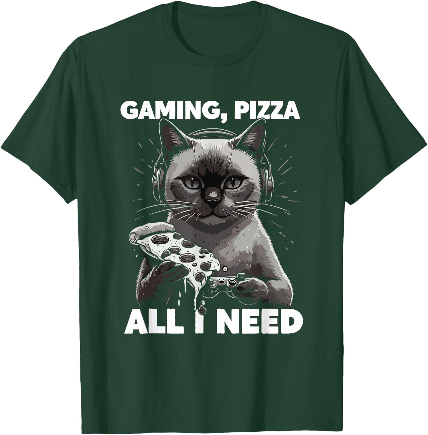 Gaming Cat with Pizza All Need Cats Lover Gamer T-Shirt - T-Shirt | Forest