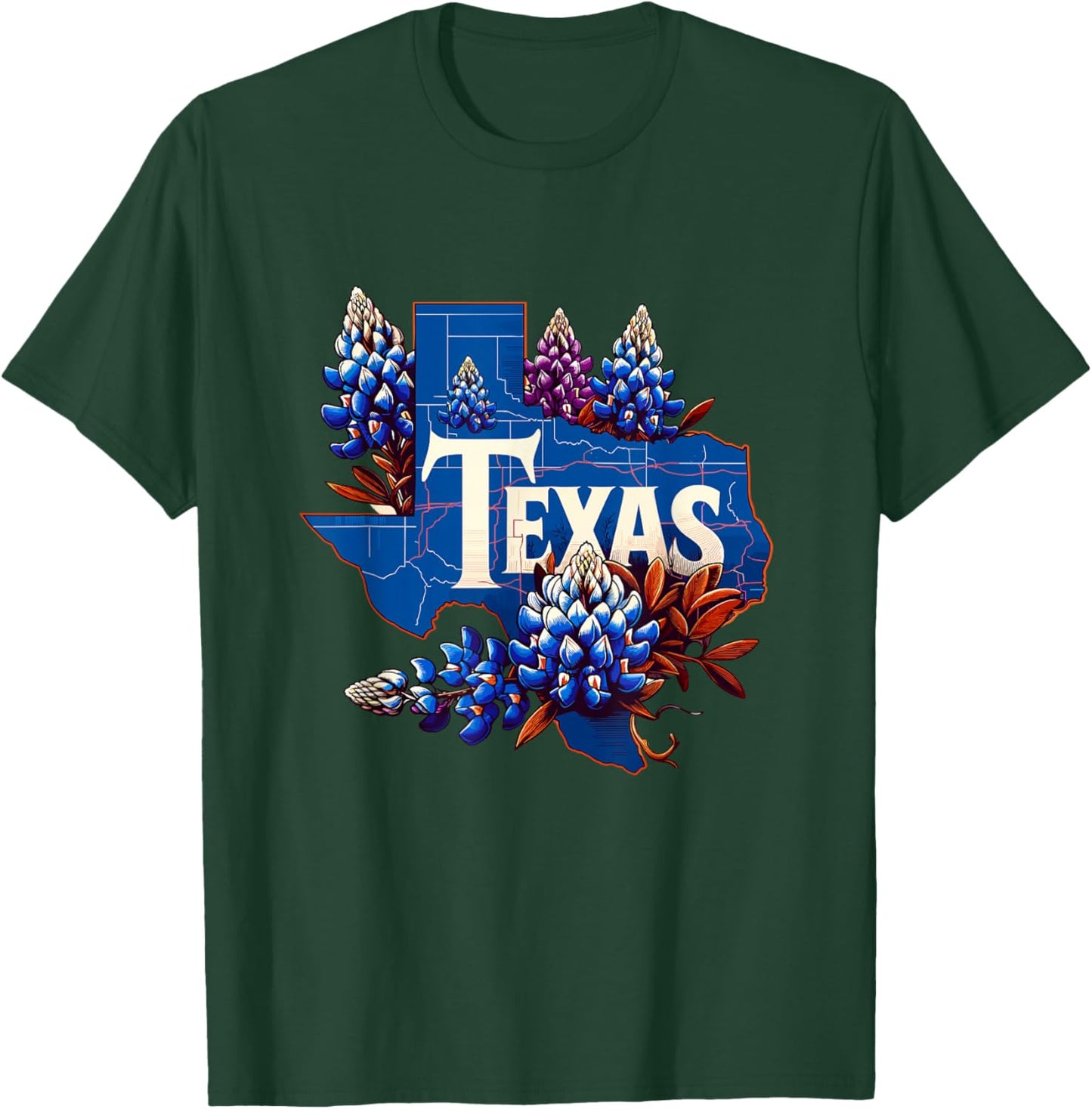 Texas State Outline Bluebonnet State Texas Flower T-Shirt - T-Shirt | Forest