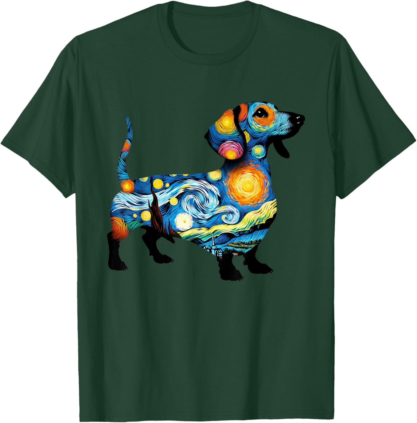 Dachshund Starry Night Painting Van Gogh Dog Dad Dog Mom Men Women Girls Kids T-Shirt - T-Shirt | Forest