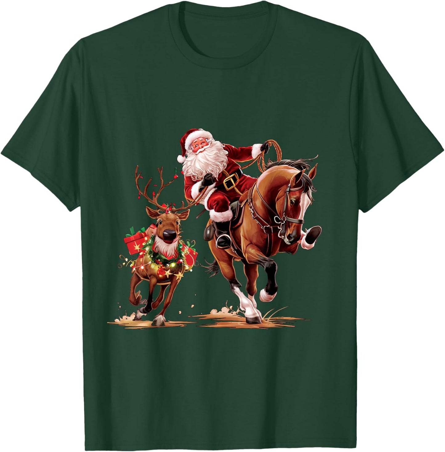 Funny Cowboy Santa Bulldogging Christmas Cowboy Western Xmas T-Shirt - T-Shirt | Forest