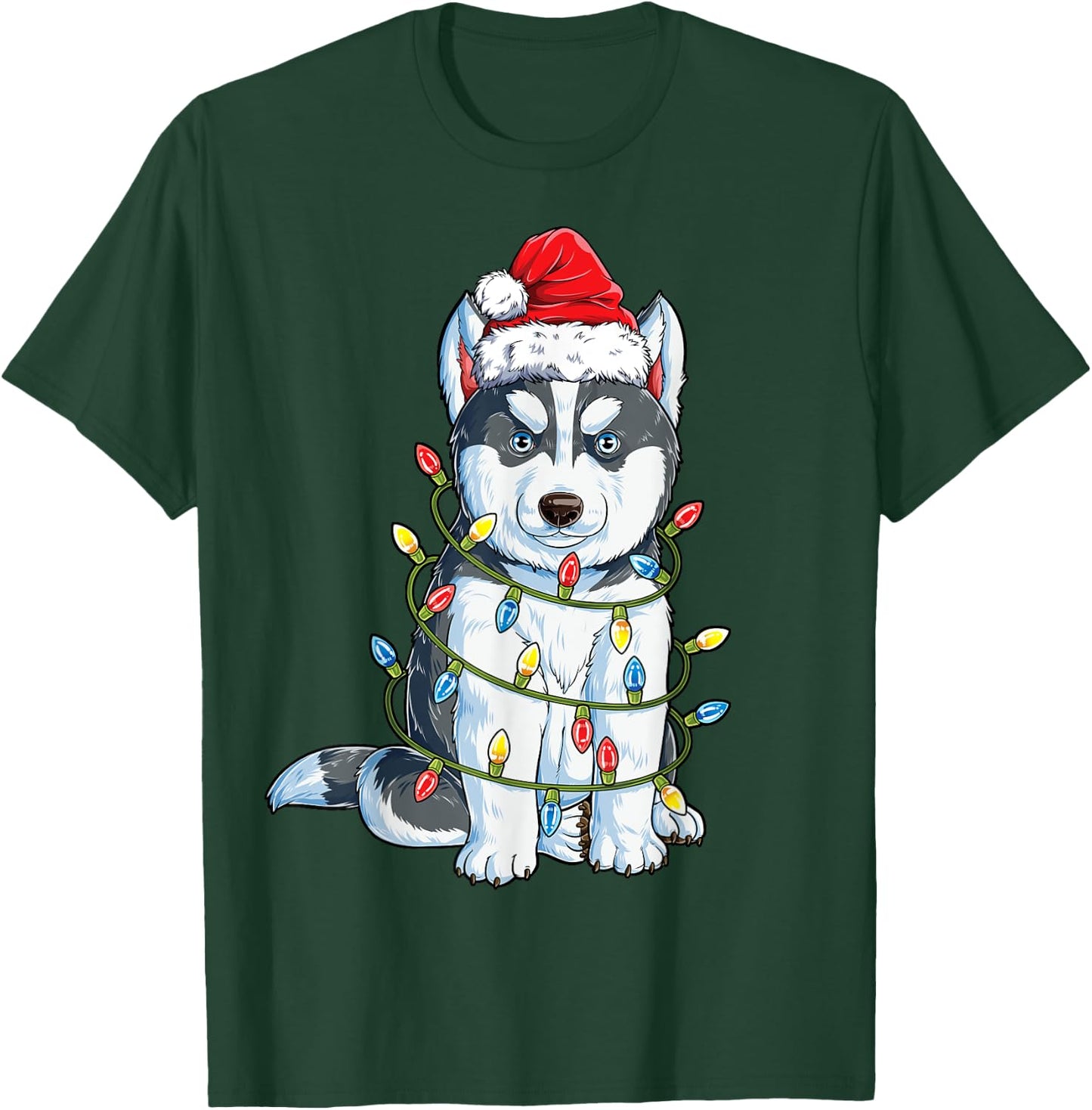 Siberian Husky Santa Christmas Tree Lights Xmas Boys Dog T-Shirt - T-Shirt | Forest