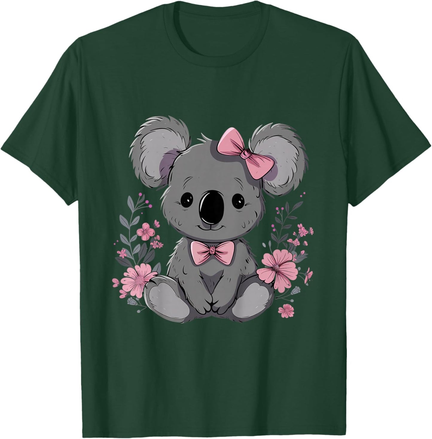 Koala Cute Kawaii Koala Bear Pink Bow Flowers Girls Kids T-Shirt - T-Shirt | Forest