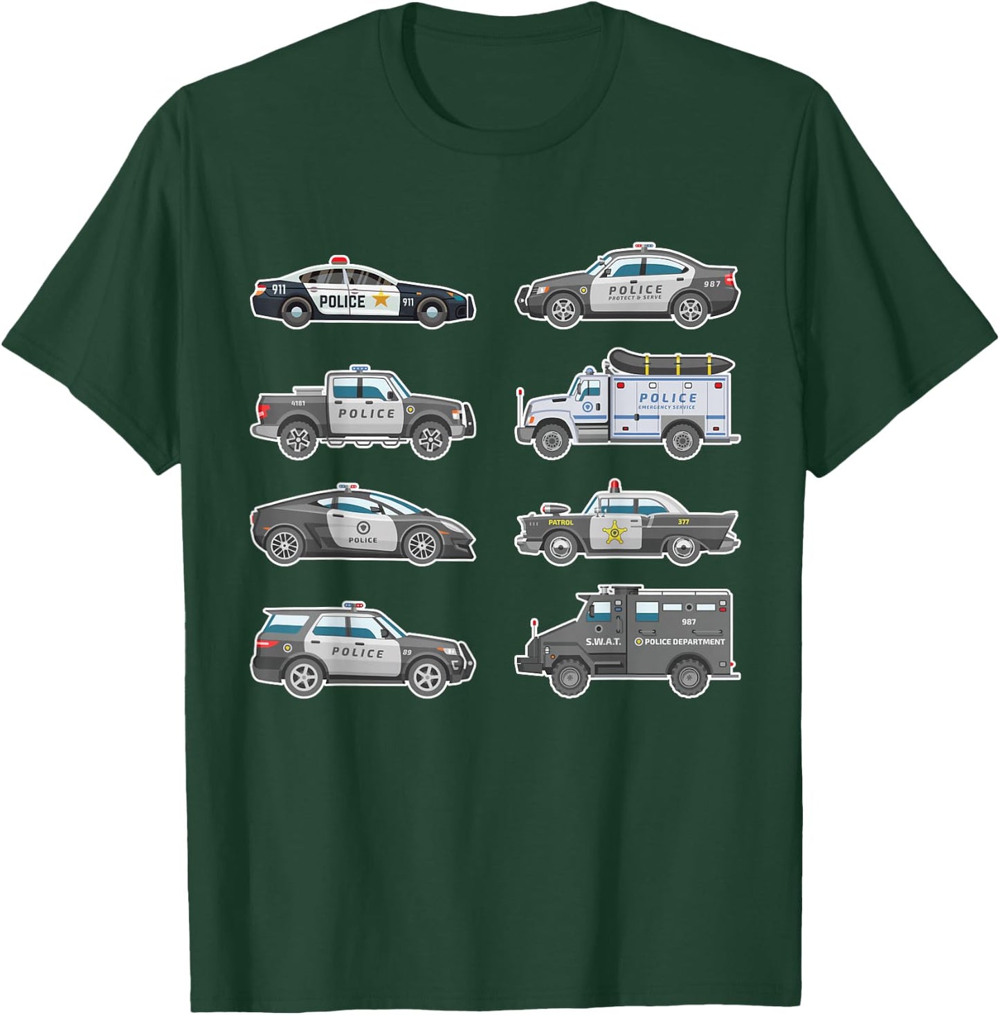 Police Cars Police Vehicles Kids Boys Toddler Cop Car Girls T-Shirt - T-Shirt | Forest