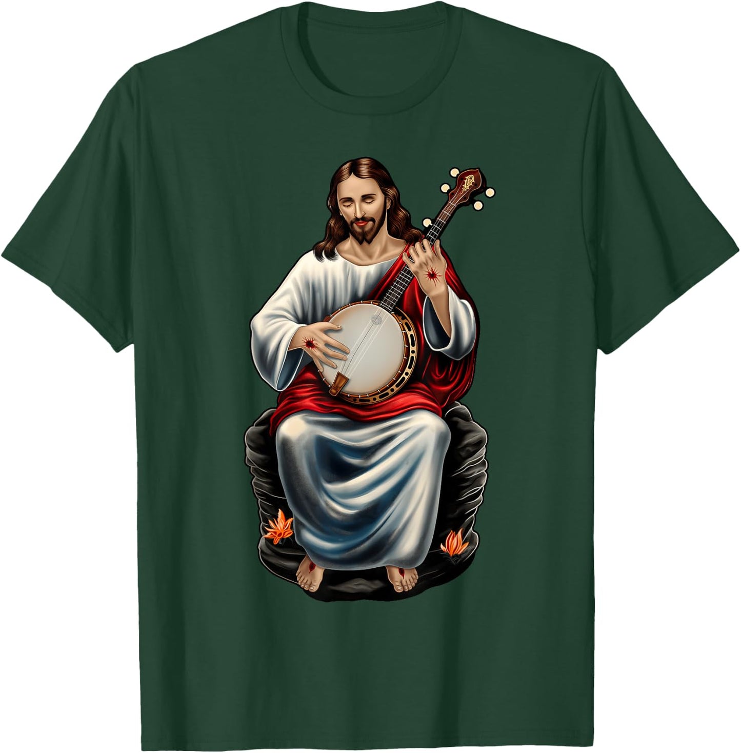 Jesus Christian Religious Playing Banjo Bluegrass T-Shirt - T-Shirt | Forest