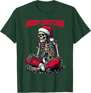 Skeleton Santa Hat Merry Christmas X-mas Lights Holiday T-Shirt - T-Shirt | Forest