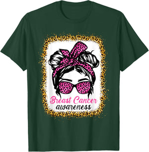 Messy Bun Wear Pink Breast Cancer Awareness Leopard T-Shirt - T-Shirt | Forest