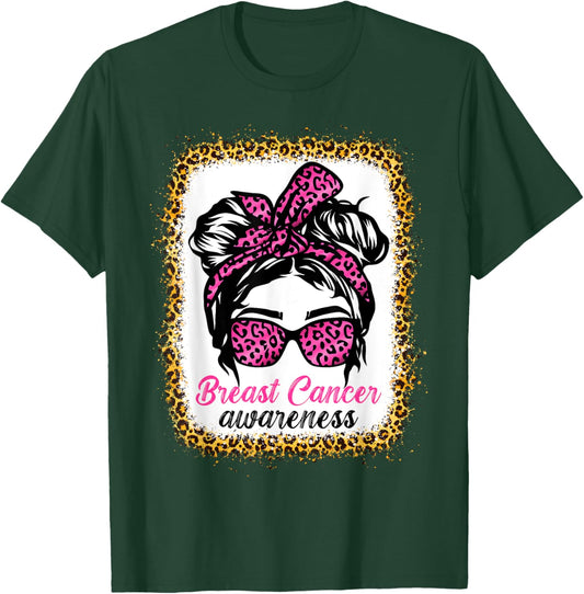 Messy Bun Wear Pink Breast Cancer Awareness Leopard T-Shirt - T-Shirt | Forest