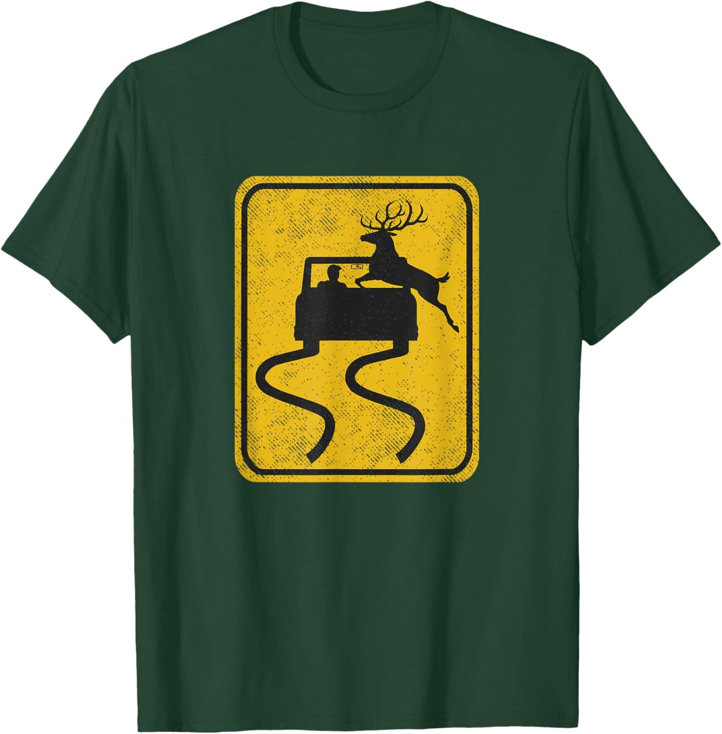 Swerving Car Meets Deer Crossing Vintage Road Sign T-Shirt - T-Shirt | Forest