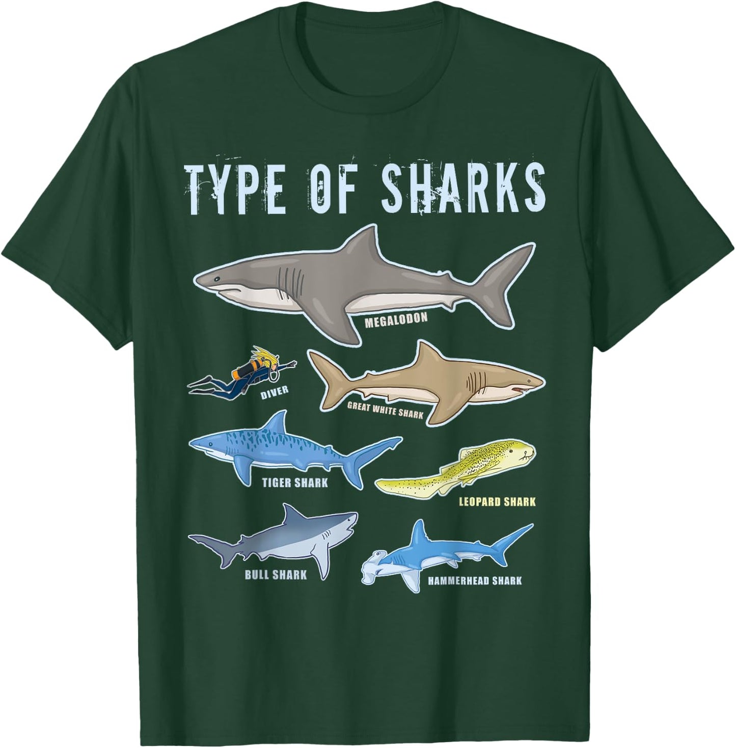 Scuba Shark Gifts HT Type of Sharks 6 Sharks Sea Creatures Cute Shark T-Shirt - T-Shirt | Forest