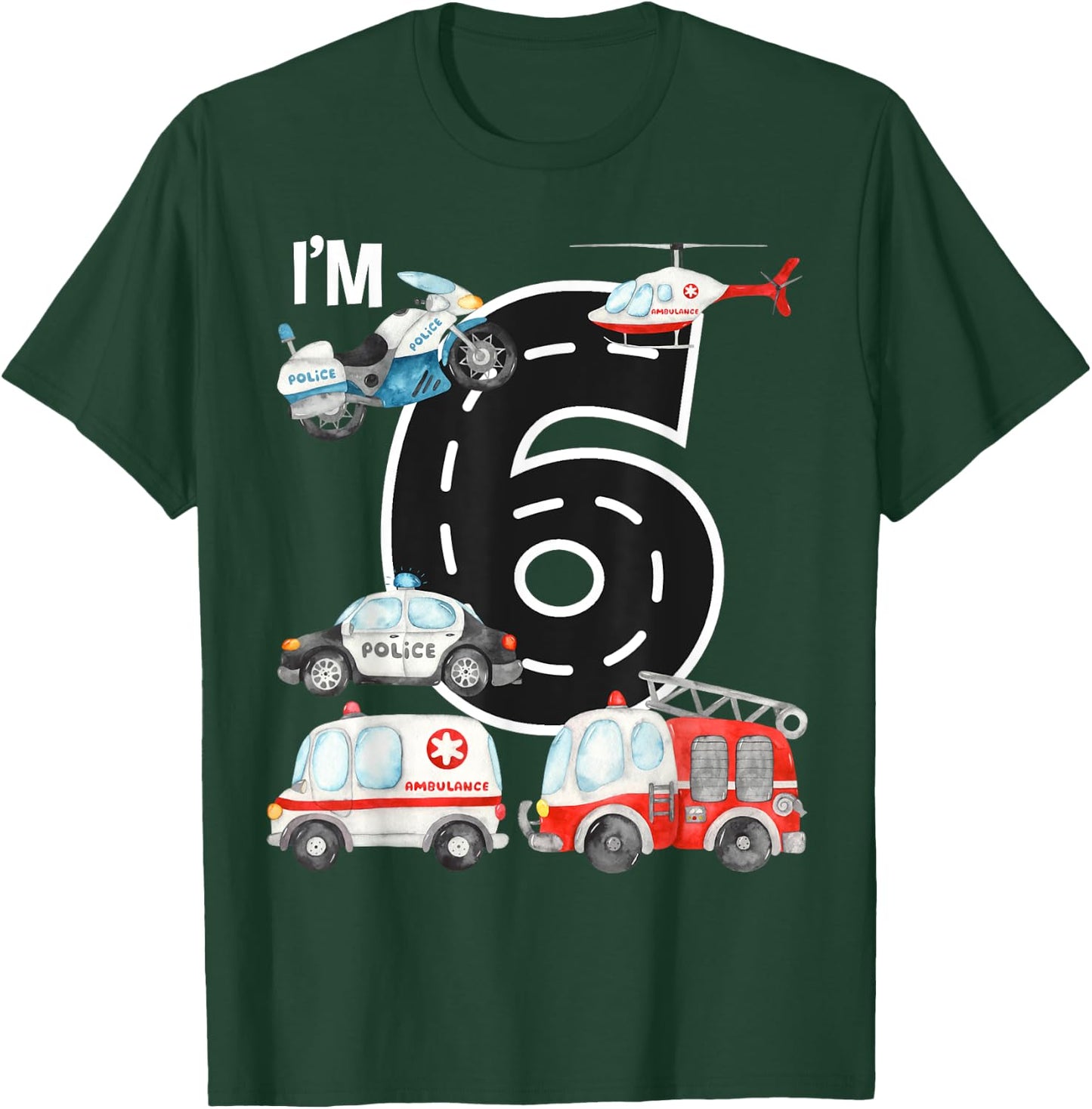 Emergency Vehicles 6th Birthday Fire Truck Police Car Boys T-Shirt - T-Shirt | Forest