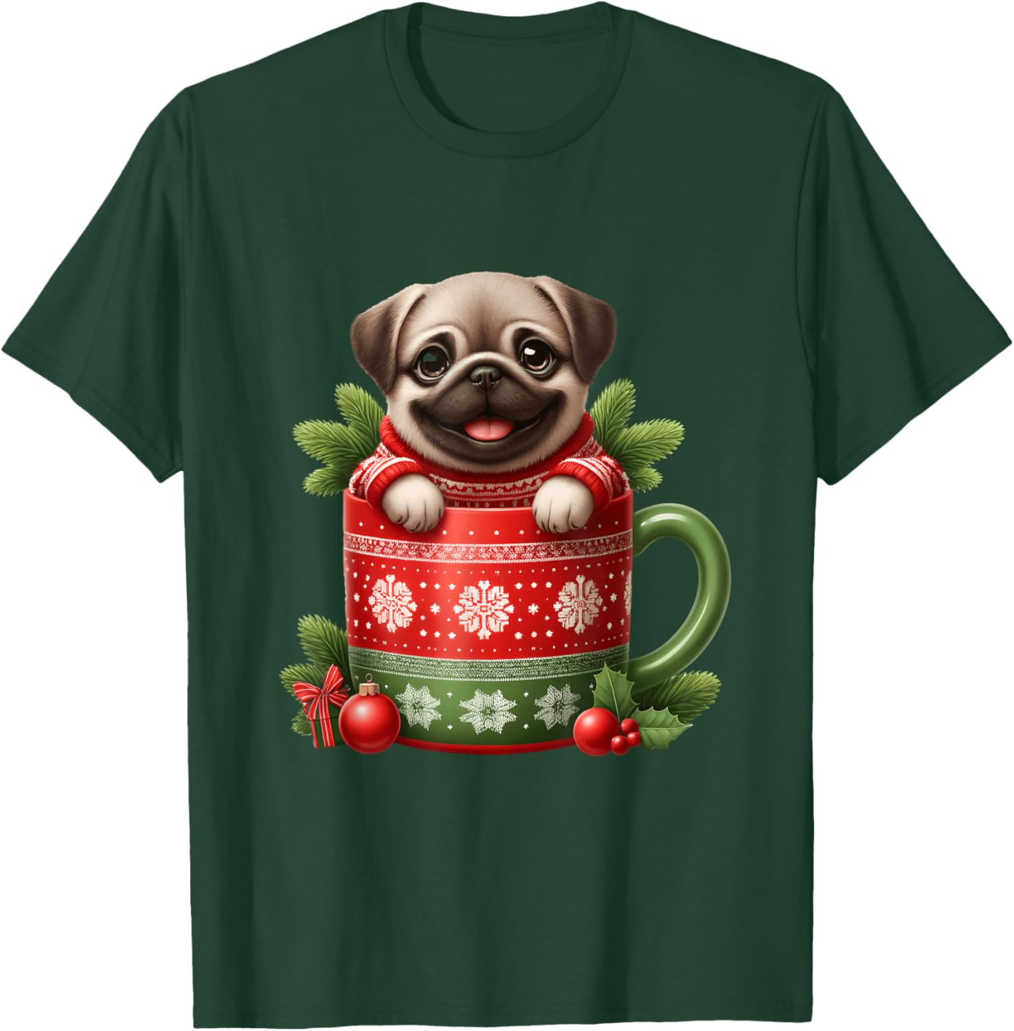 Joyful Pug in Festive Mug Cozy Christmas T-Shirt - T-Shirt | Forest