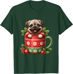 Joyful Pug in Festive Mug Cozy Christmas T-Shirt - T-Shirt | Forest