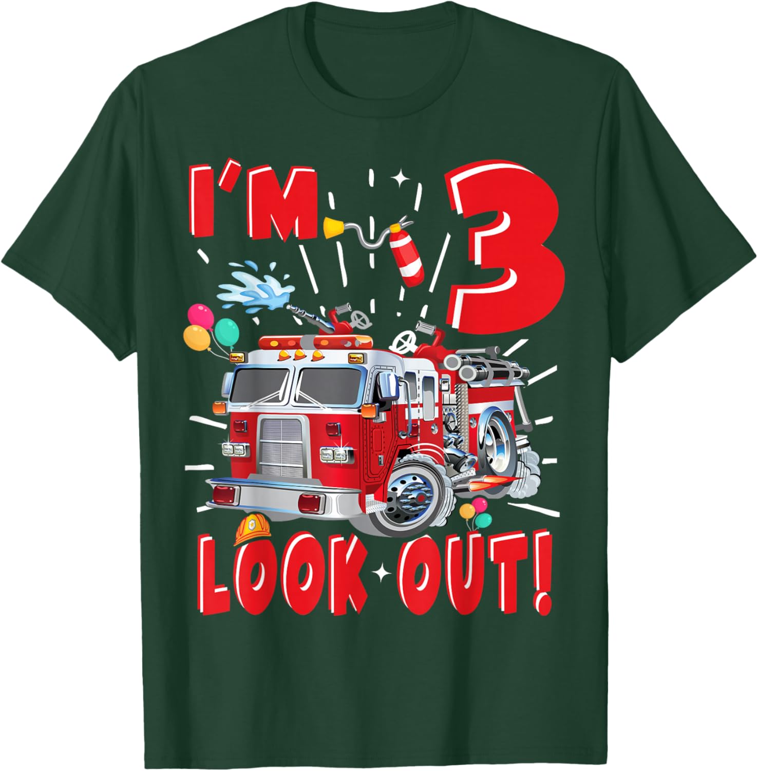 Three 3rd Birthday Fire Truck Boy 3 Year Old Firefighter T-Shirt - T-Shirt | Forest