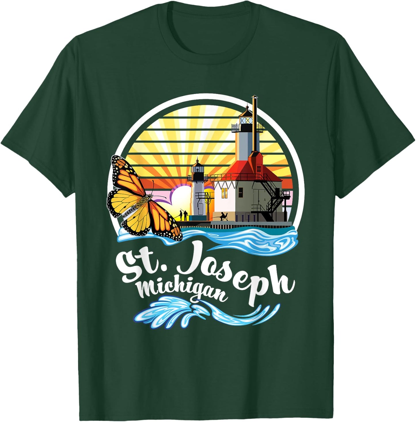 St. Joseph MI Lighthouses & Butterfly at Silver Beach Design T-Shirt - T-Shirt | Forest