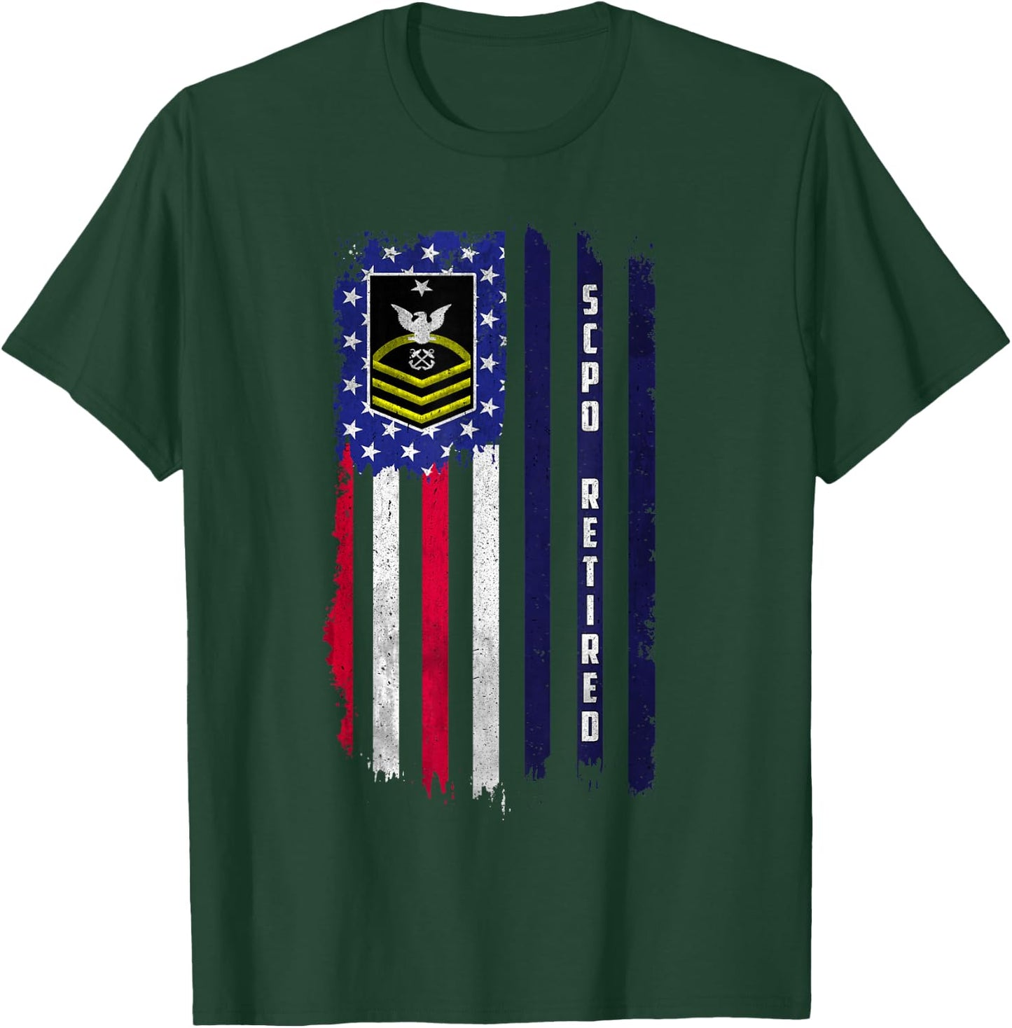 Retired E-8 Senior Chief Petty Officer Rank American Flag T-Shirt - T-Shirt | Forest