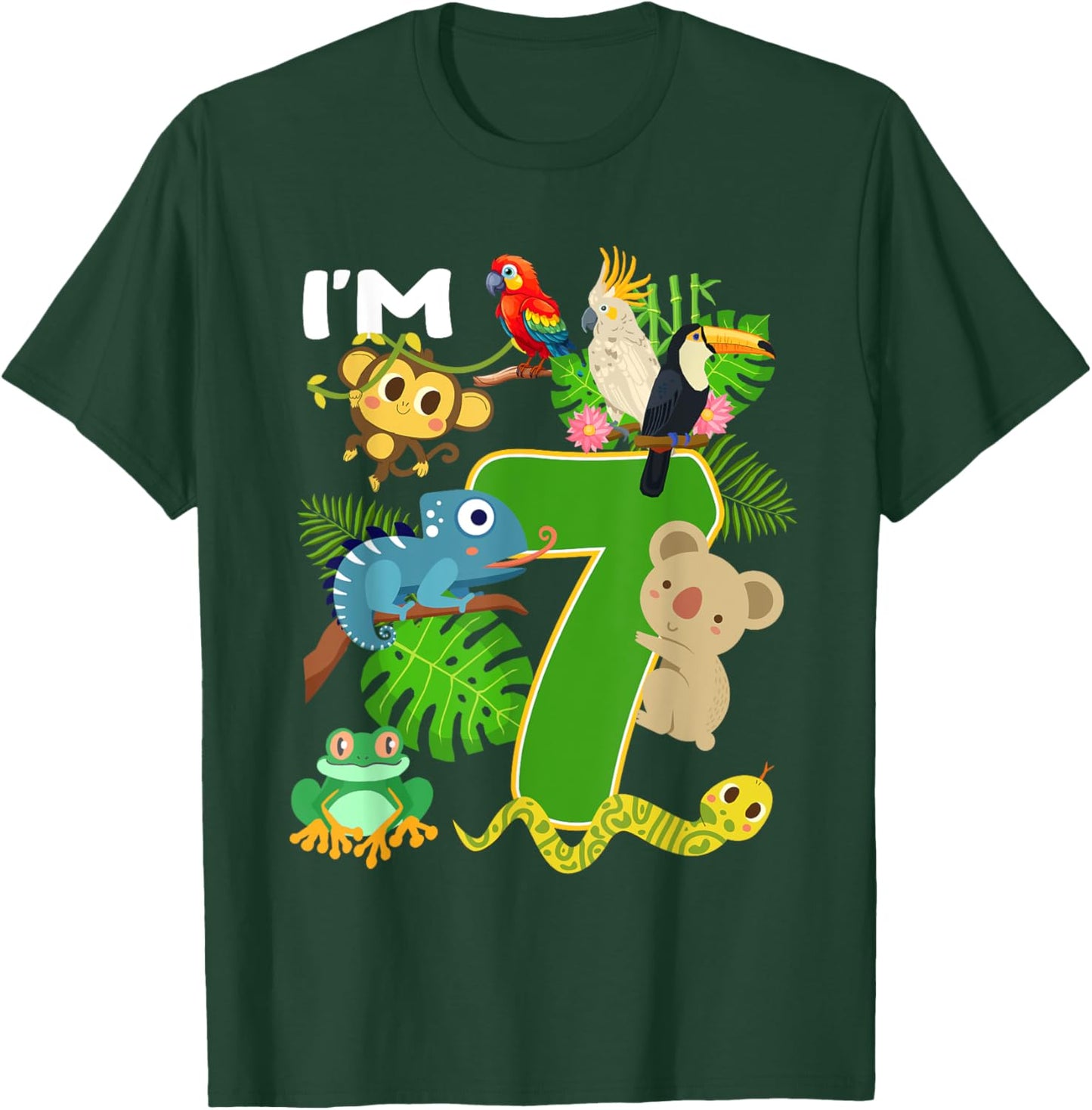 I'm 7 Year Old Birthday Rainforest Animals 7th Bday Kids T-Shirt - T-Shirt | Forest