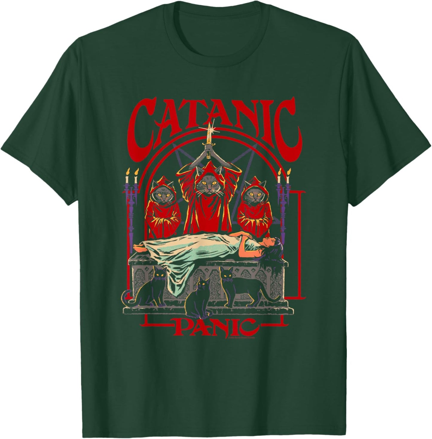 Steven Rhodes Catanic Panic Black Cats Retro Dark Humor T-Shirt - T-Shirt | Forest