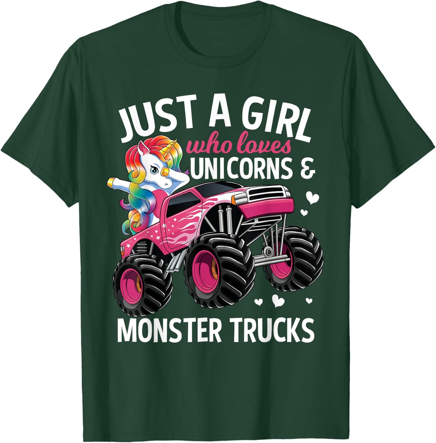 Just A Girl Who Loves Unicorns And Monster Trucks Girls Kids T-Shirt - T-Shirt | Forest