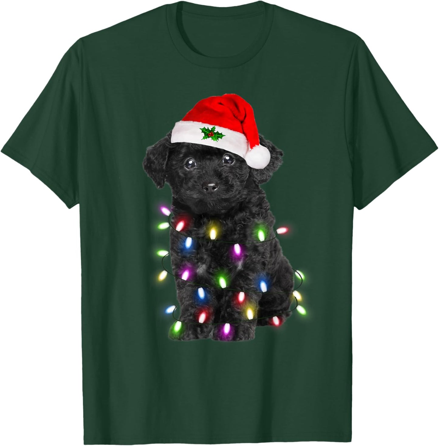 Black Poodle dog Santa Christmas Tree Lights Xmas Boys Dog T-Shirt - T-Shirt | Forest