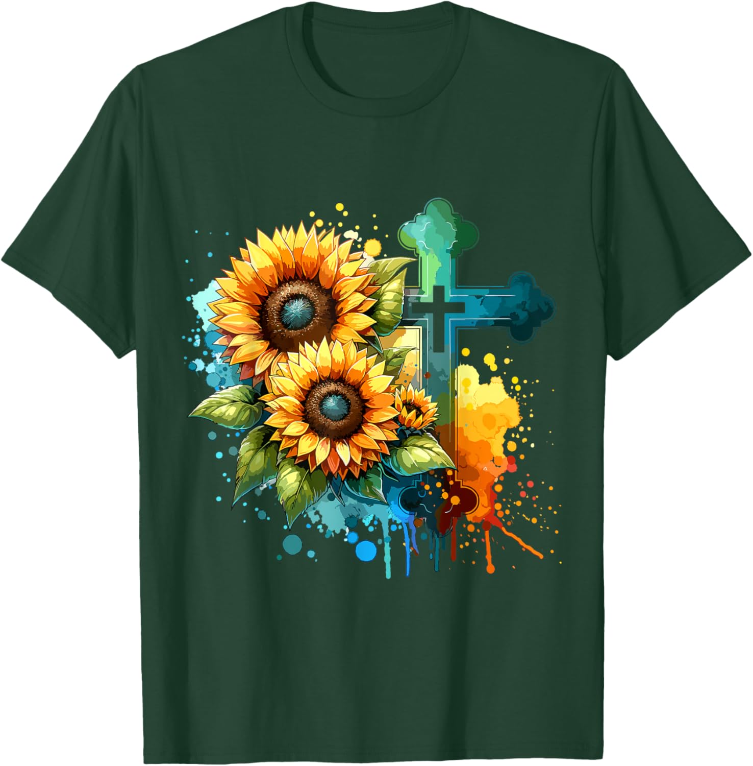 Christian Cross and Sunflowers T-Shirt - T-Shirt | Forest