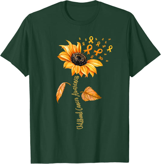 Support Childhood Cancer Awareness Sunflower Gold Ribbon T-Shirt - T-Shirt | Forest