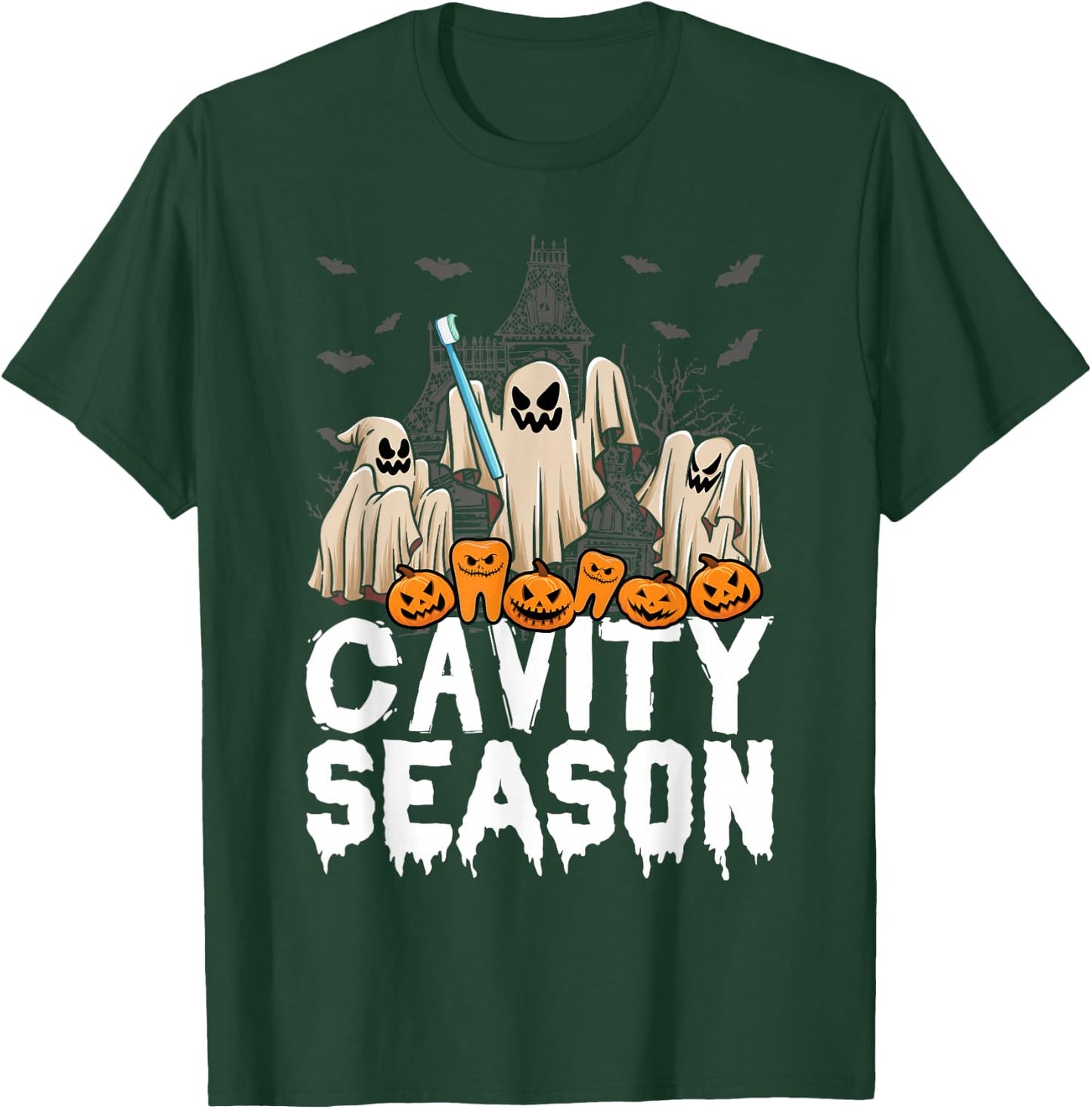 Cavity Season Halloween Funny Dental Ghosts And Toothbrush T-Shirt - T-Shirt | Forest