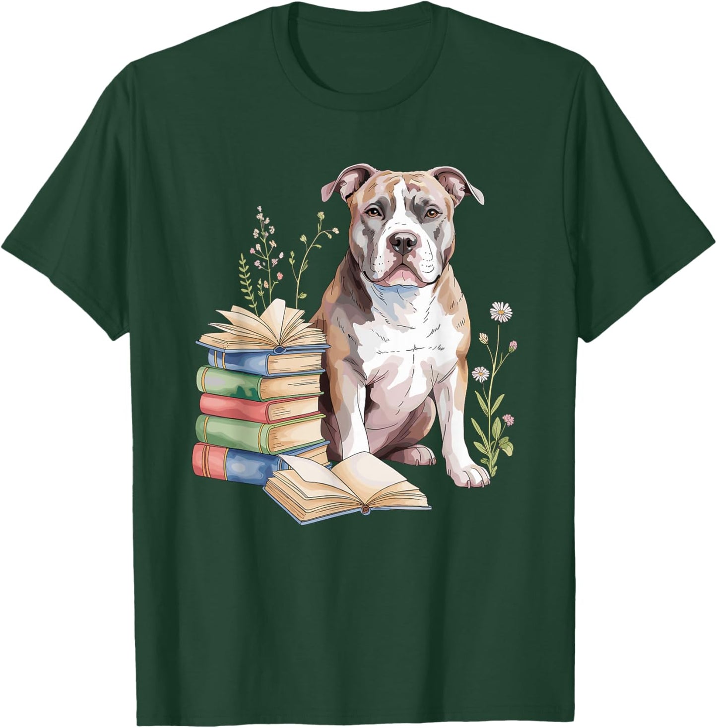 American Pit Bull Terrier Pittie Books Reading Flowers Book T-Shirt - T-Shirt | Forest