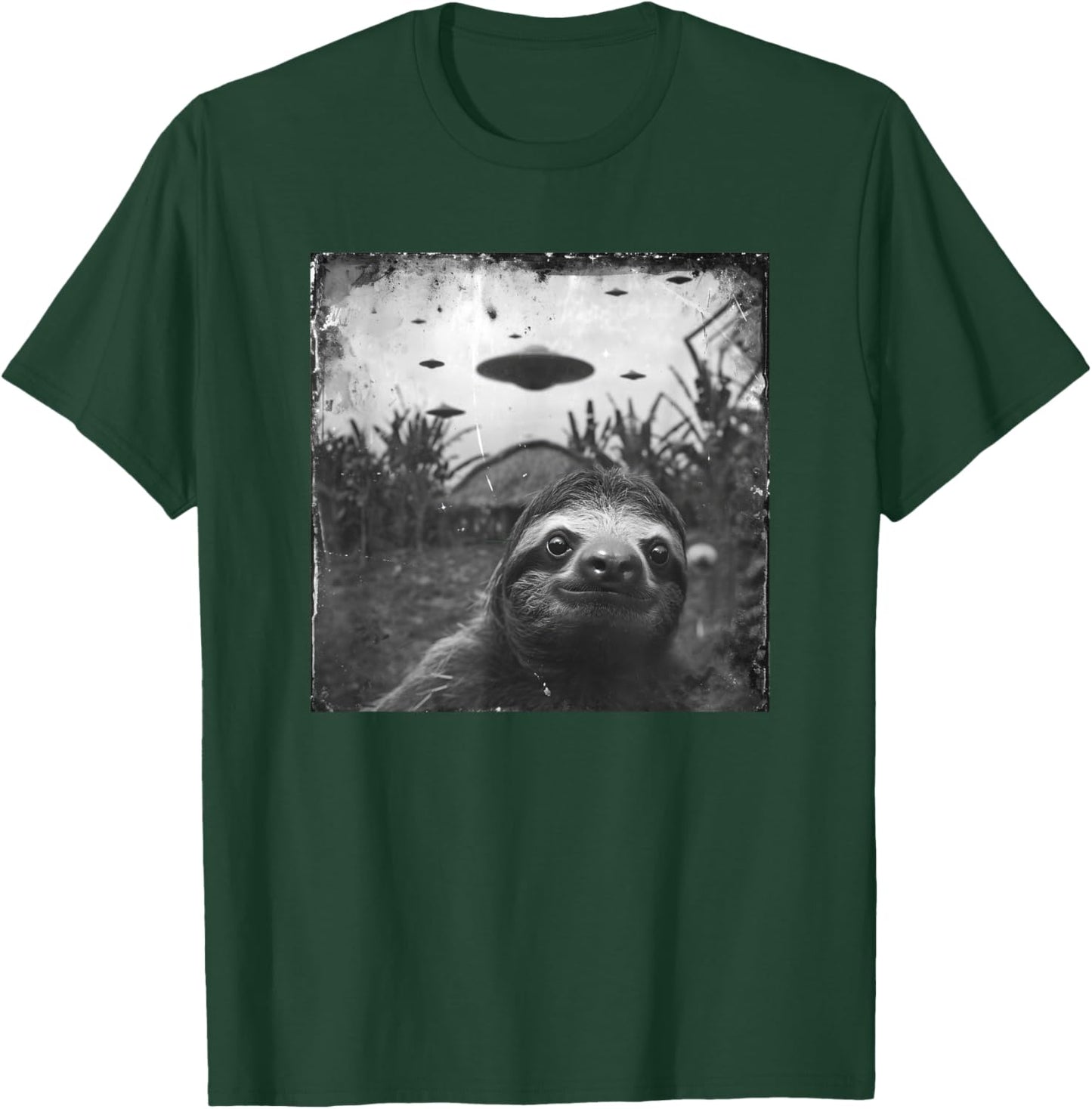 Sloth Selfie UFO Invasion Alien Spaceships Sloth Photo T-Shirt - T-Shirt | Forest