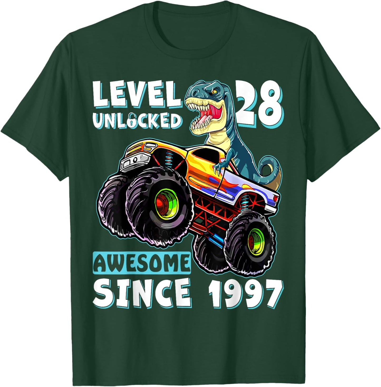 Level 28 Unlocked T Rex Monster Truck Dinosaur 28th Birthday T-Shirt - T-Shirt | Forest