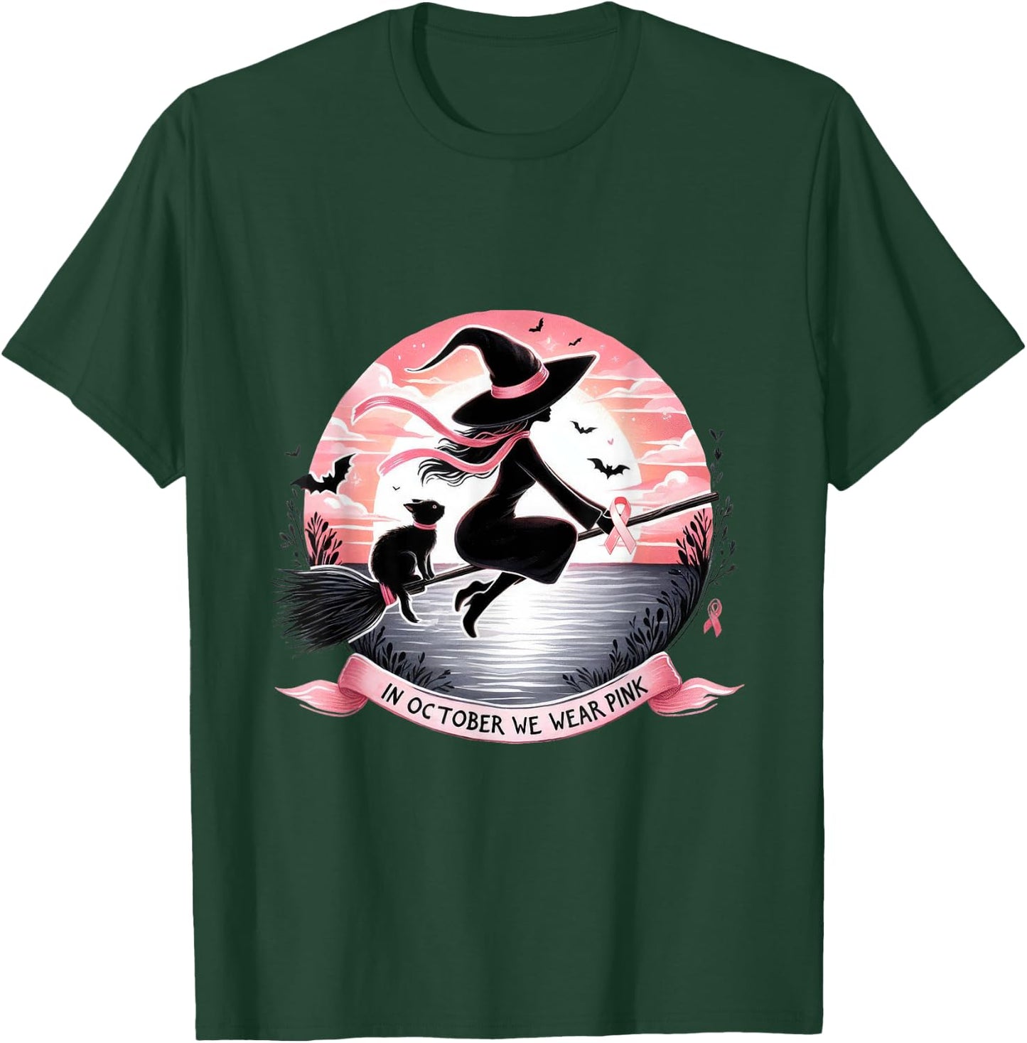 Witch In October We Wear Pink Ribbon Breast Cancer Awareness T-Shirt - T-Shirt | Forest