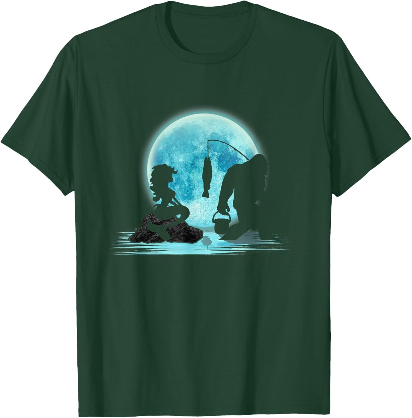 Bigfoot Fishing with Mermaid Funny Sasquatch Fish under Moon T-Shirt - T-Shirt | Forest