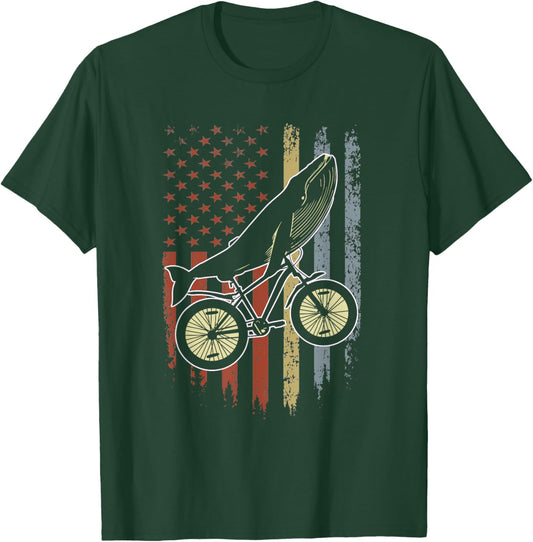 Whale Riding Bicycle Vintage USA FLag Mountain Biking Whale T-Shirt - T-Shirt | Forest