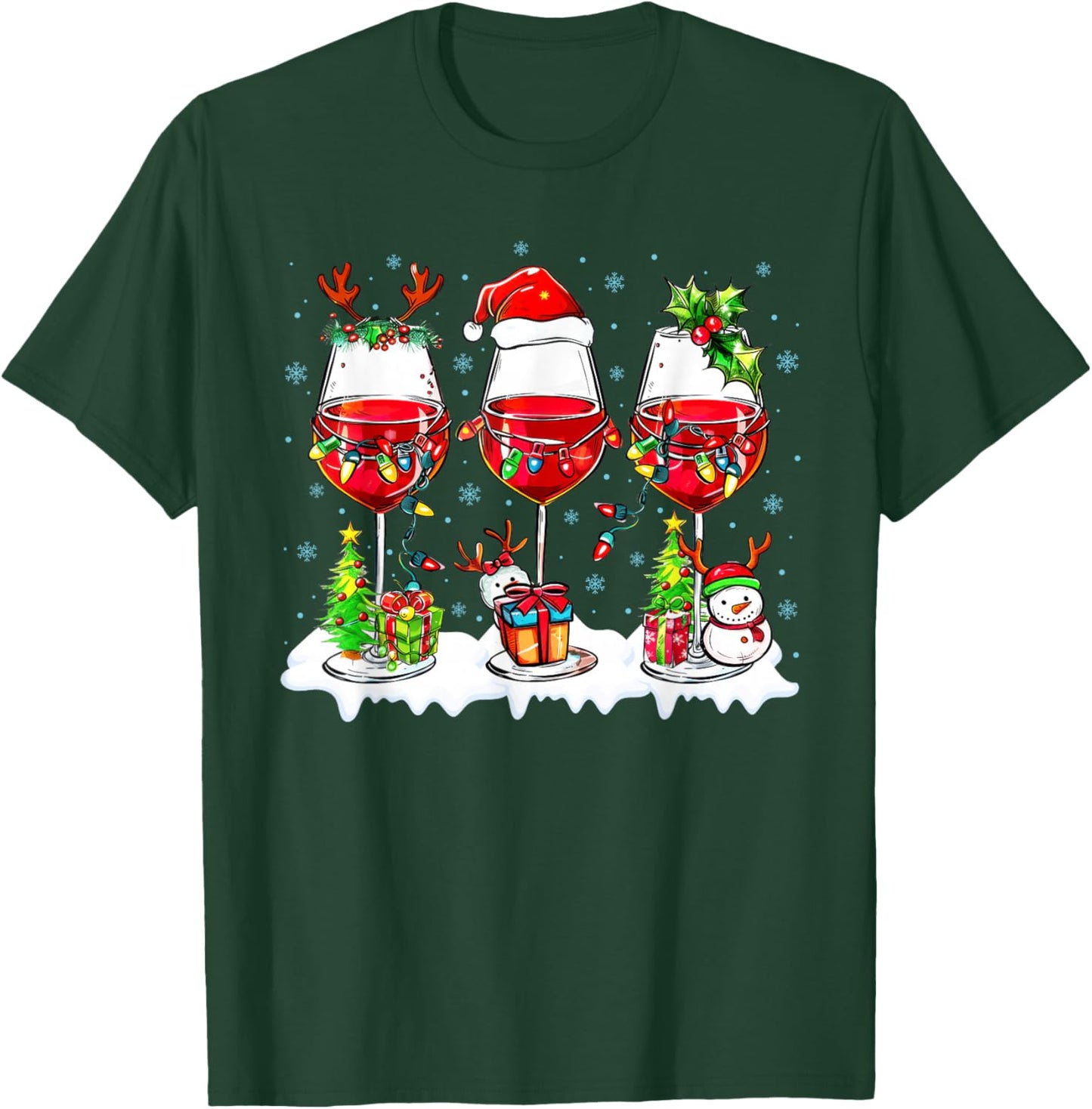 Wine Glass Santa Hat Xmas Funny Christmas 2025 Men Women T-Shirt - T-Shirt | Forest