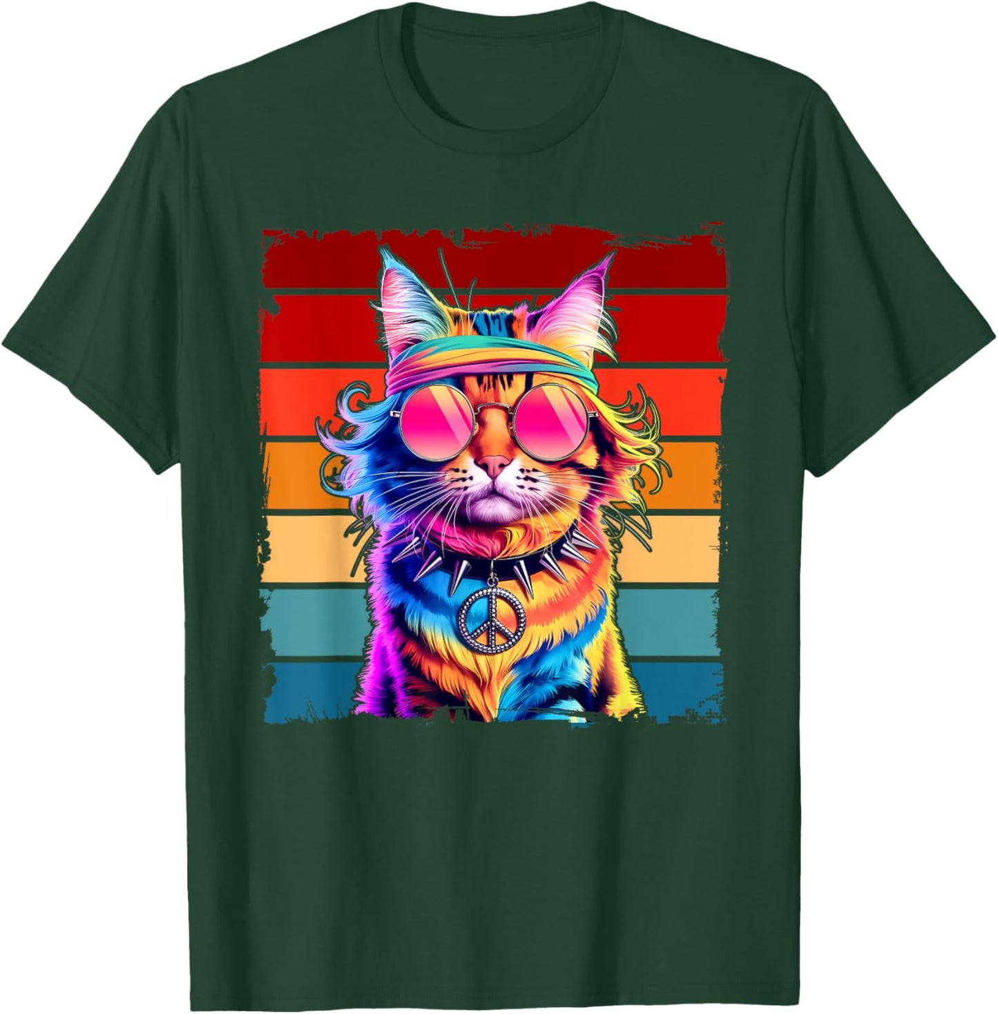 Psychedelic Peace Cat Colorful Hippie Retro Groovy Vibes Men Women Kids T-Shirt - T-Shirt | Forest