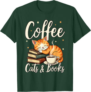 Coffee Cats And Books Lover, & Men, Funny Coffee T-Shirt - T-Shirt | Forest