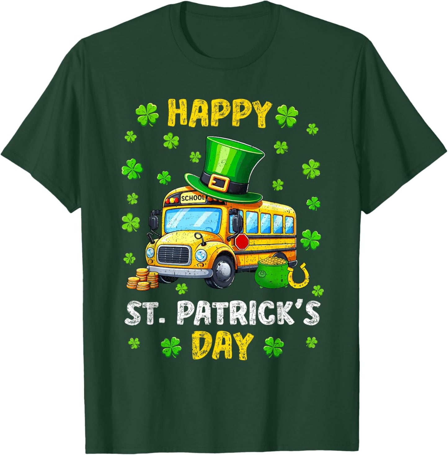 Vintage Happy St. Patrick's Day School Bus Shamrocks Driver T-Shirt - T-Shirt | Forest