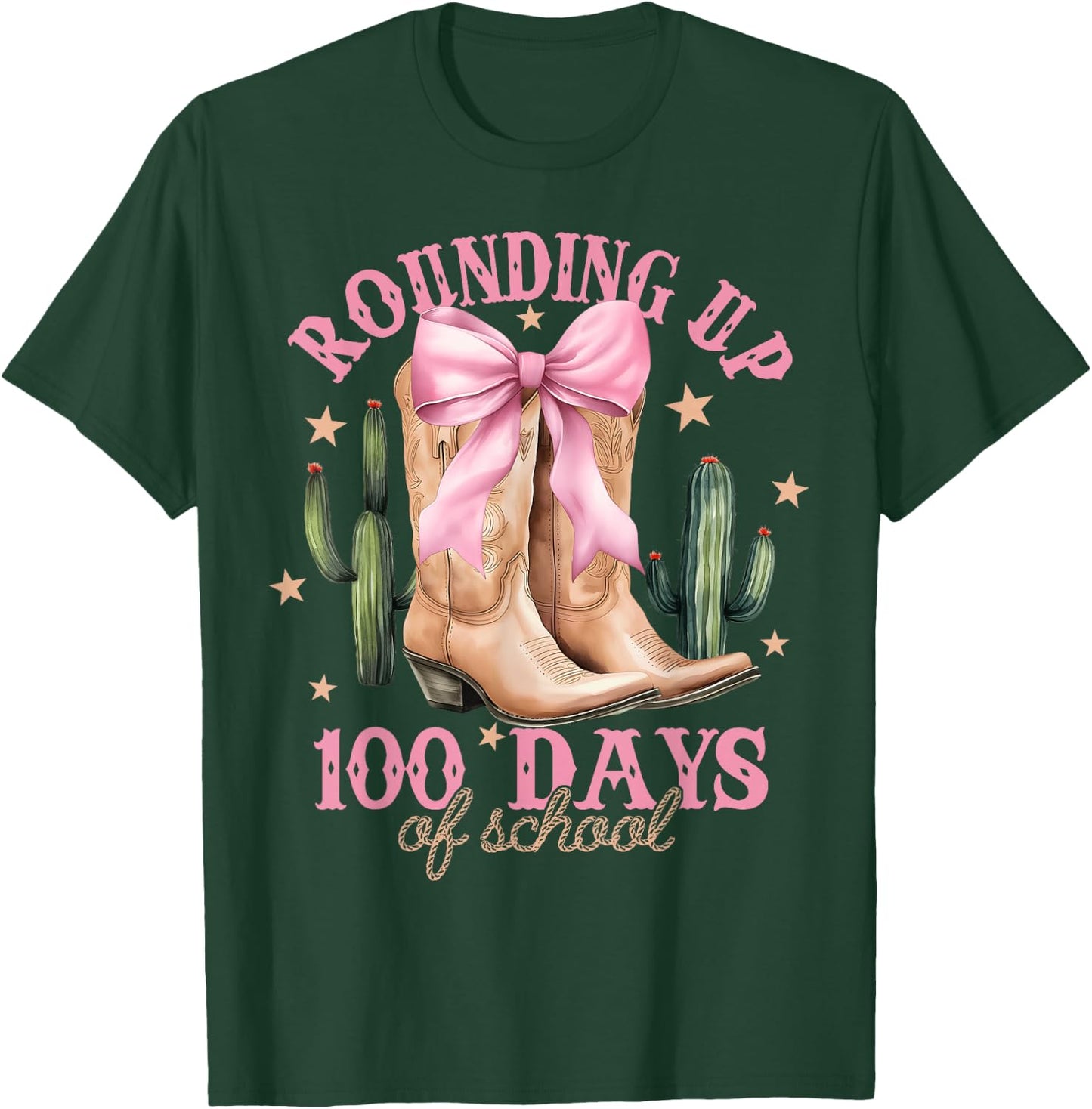 Rounding Up 100 Days Of School Pink Coquette Bow Teacher T-Shirt - T-Shirt | Forest